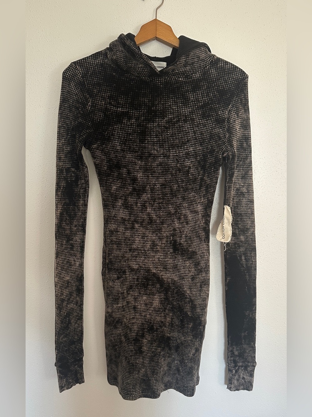 NWT Cotton Citizen Waffle Thermal Hoodie Mini Dress Tie Dye Gray XS